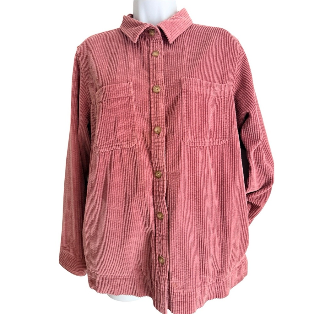 LL Bean Womens Corduroy Button Up Shirt Shacket L 512434 Dusty Rose Pockets - Picture 2 of 11